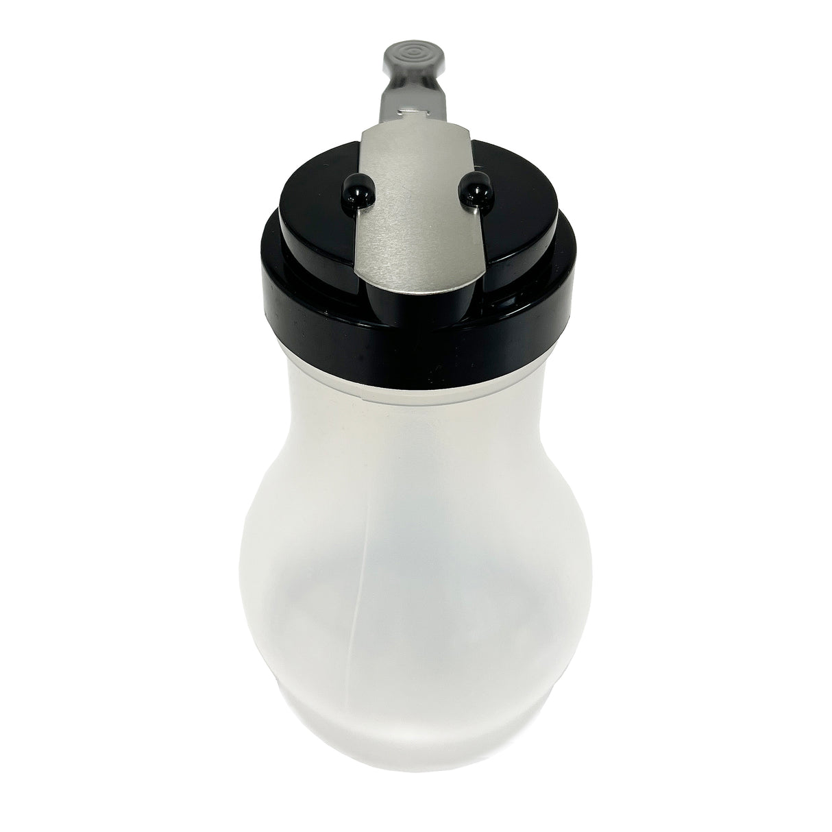 A BPA free frosted plastic spray bottle with a wide, rounded body, topped by a black cap and silver spray nozzle. The nozzle includes a gray trigger, and the cap features two small black screws. Photographed on a white background.