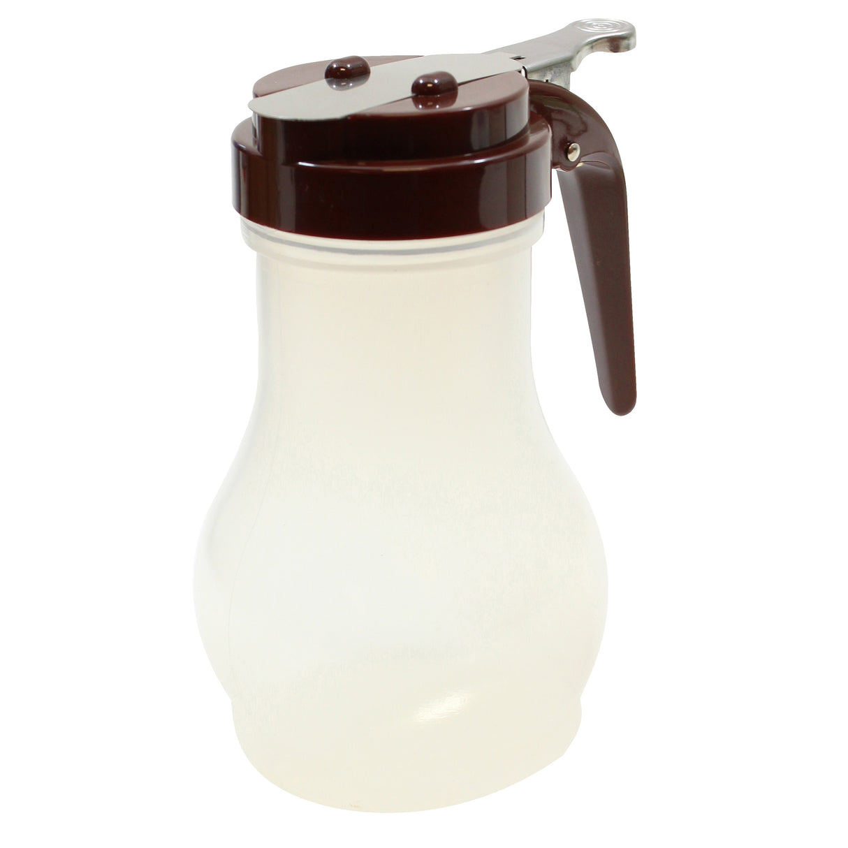 A BPA free syrup dispenser with a brown plastic lid, a metal lever for pouring, and a wide, bulbous base. The handle is attached to the top, and the empty container sits against a white background.