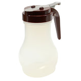 A BPA free syrup dispenser with a brown plastic lid, a metal lever for pouring, and a wide, bulbous base. The handle is attached to the top, and the empty container sits against a white background.