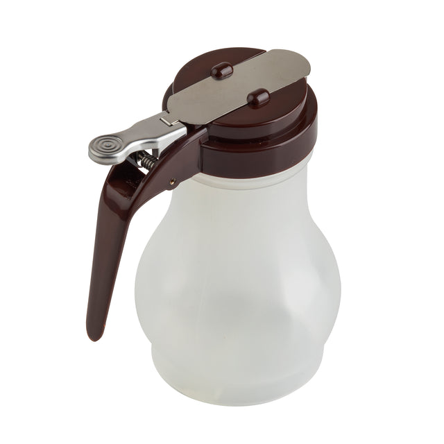 A BPA free syrup dispenser with a brown plastic handle and lid. The frosted glass container features a silver metal lever for easy pouring control and is dishwasher safe. The empty dispenser is shown against a white background.