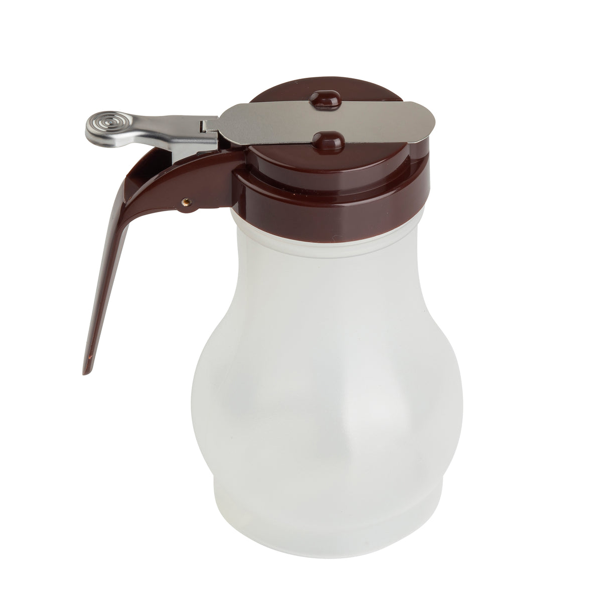 A BPA free syrup dispenser with a wide base, brown plastic lid, and metal lever for pouring. The handle is attached to the lid, and the integrated spout makes use easy. The empty dispenser is photographed on a white background.