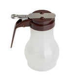 A BPA free syrup dispenser with a wide base, brown plastic lid, and metal lever for pouring. The handle is attached to the lid, and the integrated spout makes use easy. The empty dispenser is photographed on a white background.