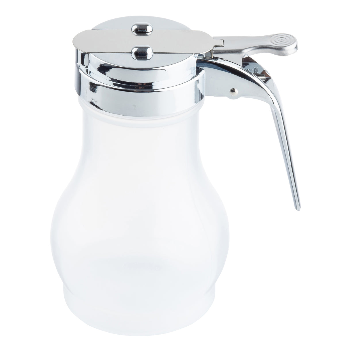 A clear glass 10 oz syrup dispenser with a chrome metal lid and lever handle for easy pouring. The wide base tapers to the neck, and the shiny lid features two rivets and an extended spout. Dishwasher safe for effortless cleaning.