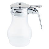 A clear glass 10 oz syrup dispenser with a chrome metal lid and lever handle for easy pouring. The wide base tapers to the neck, and the shiny lid features two rivets and an extended spout. Dishwasher safe for effortless cleaning.