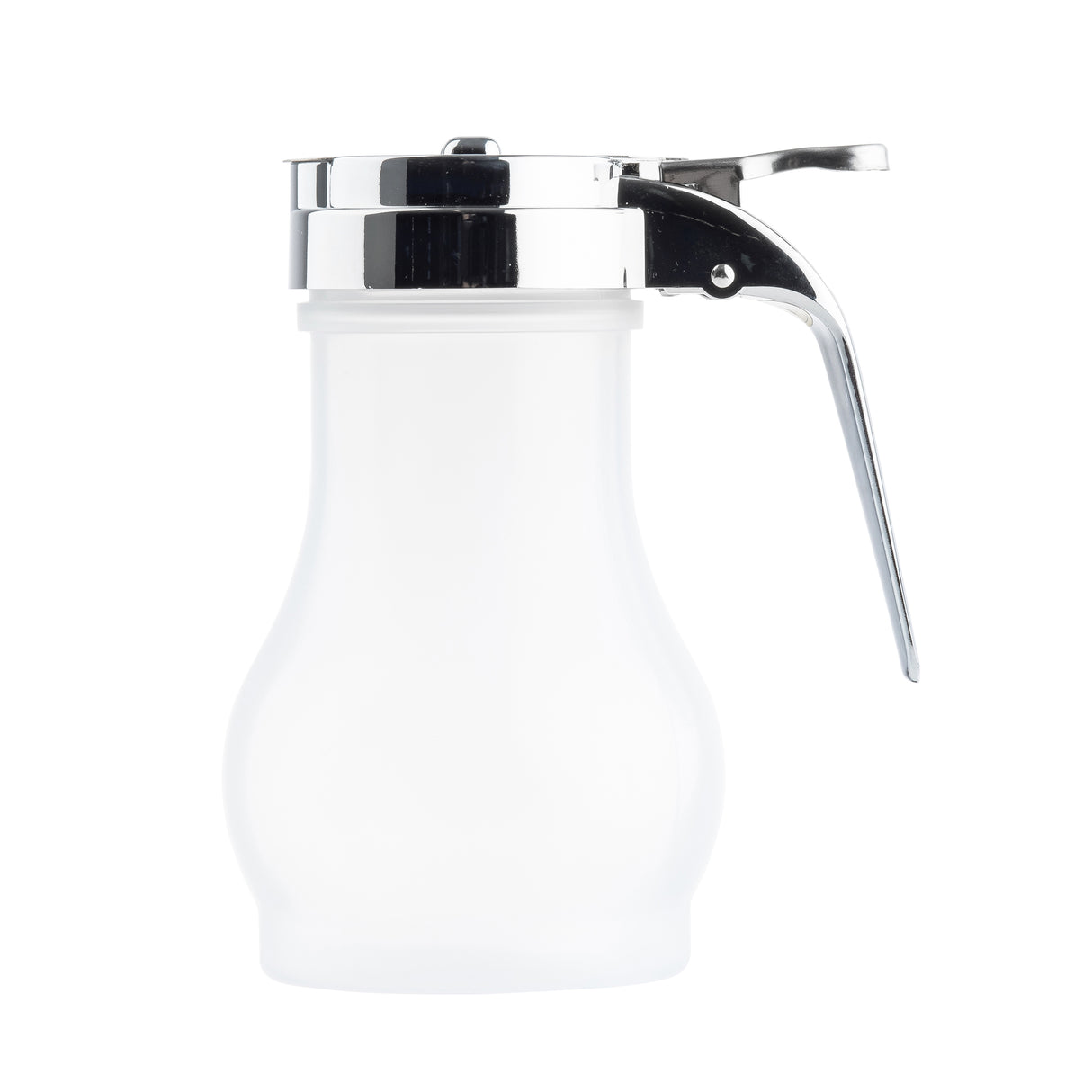 A clear glass syrup dispenser with a teardrop design, stainless steel lid, and lever handle is shown on a white background. The 10 oz. dispenser has a rounded body and wide mouth, perfect for easy pouring of syrup or honey.
