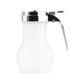 A clear glass syrup dispenser with a teardrop design, stainless steel lid, and lever handle is shown on a white background. The 10 oz. dispenser has a rounded body and wide mouth, perfect for easy pouring of syrup or honey.