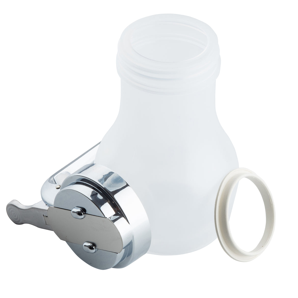 A translucent white plastic syrup dispenser bottle, 10 oz, with a wide mouth and shiny silver metal locking cap attached. Beside it is a separate white gasket. The cap’s side lever ensures secure closure. This bottle is also dishwasher safe.