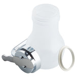 A translucent white plastic syrup dispenser bottle, 10 oz, with a wide mouth and shiny silver metal locking cap attached. Beside it is a separate white gasket. The cap’s side lever ensures secure closure. This bottle is also dishwasher safe.