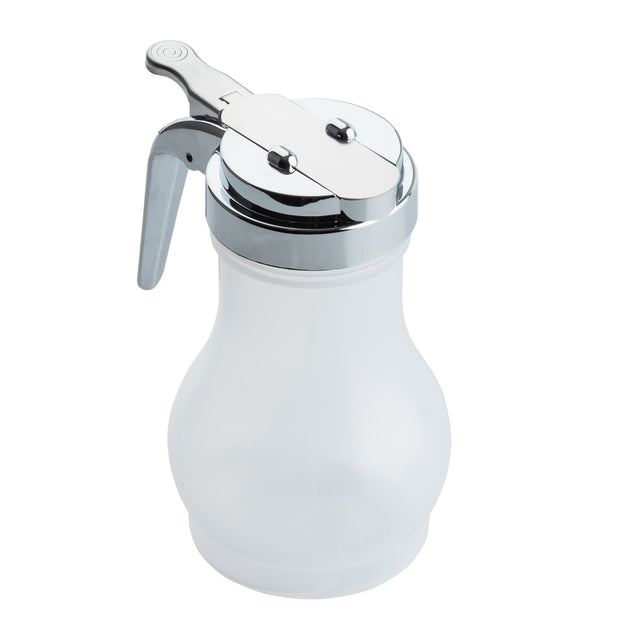 A clear, plastic syrup dispenser with a teardrop design features a rounded base, 10 oz. capacity, metal flip-top lid, and metal handle. The shiny lid contrasts with the matte white container below. The dispenser is empty.