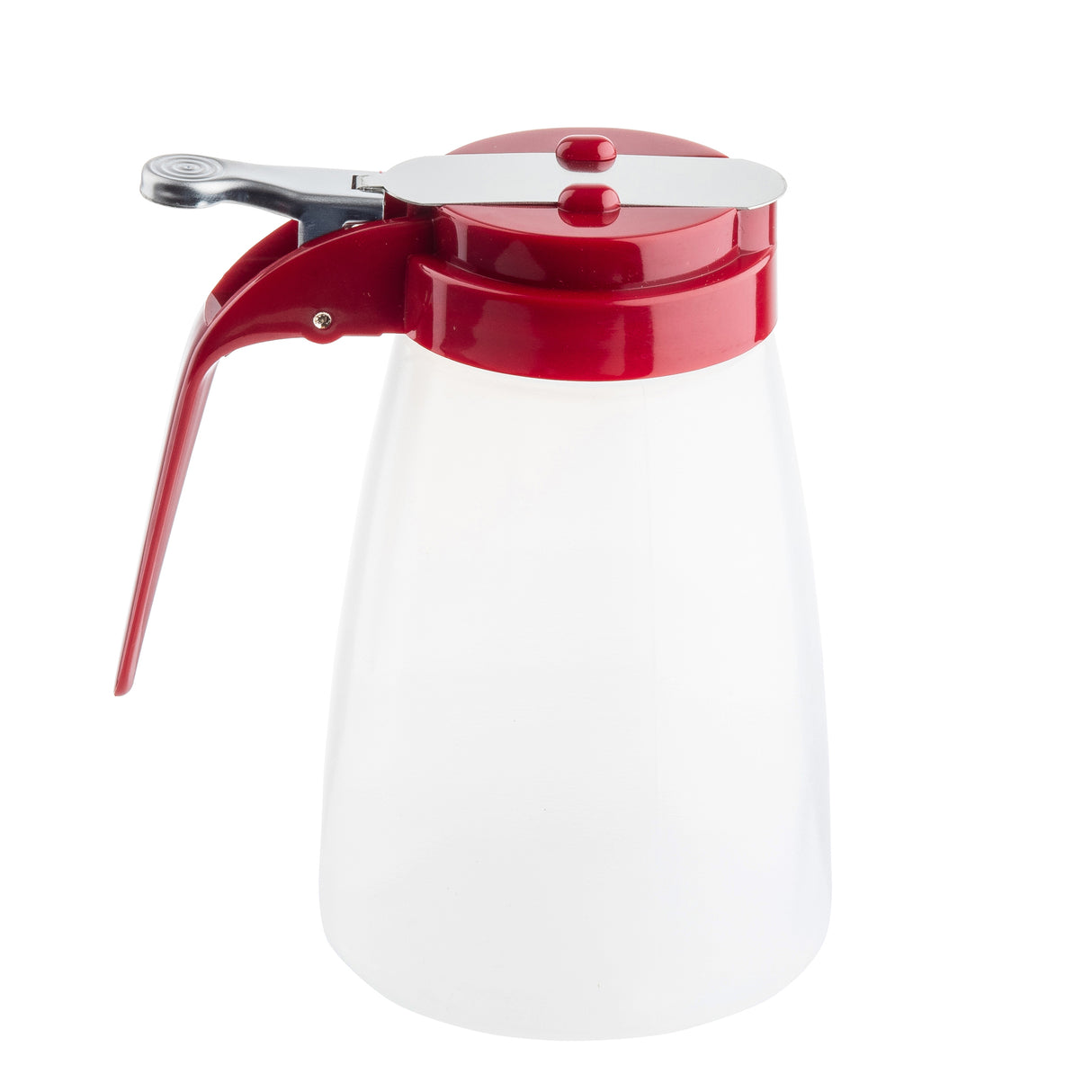 A clear plastic syrup dispenser with a red lid and handle, featuring a lever for pouring and a silver metal hinge on top. This BPA free container is photographed empty against a white background.