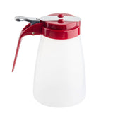 A clear plastic syrup dispenser with a red lid and handle, featuring a lever for pouring and a silver metal hinge on top. This BPA free container is photographed empty against a white background.