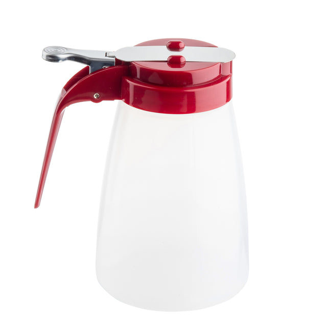 A clear plastic syrup dispenser with a red lid and handle, featuring a lever for pouring and a silver metal hinge on top. This BPA free container is photographed empty against a white background.