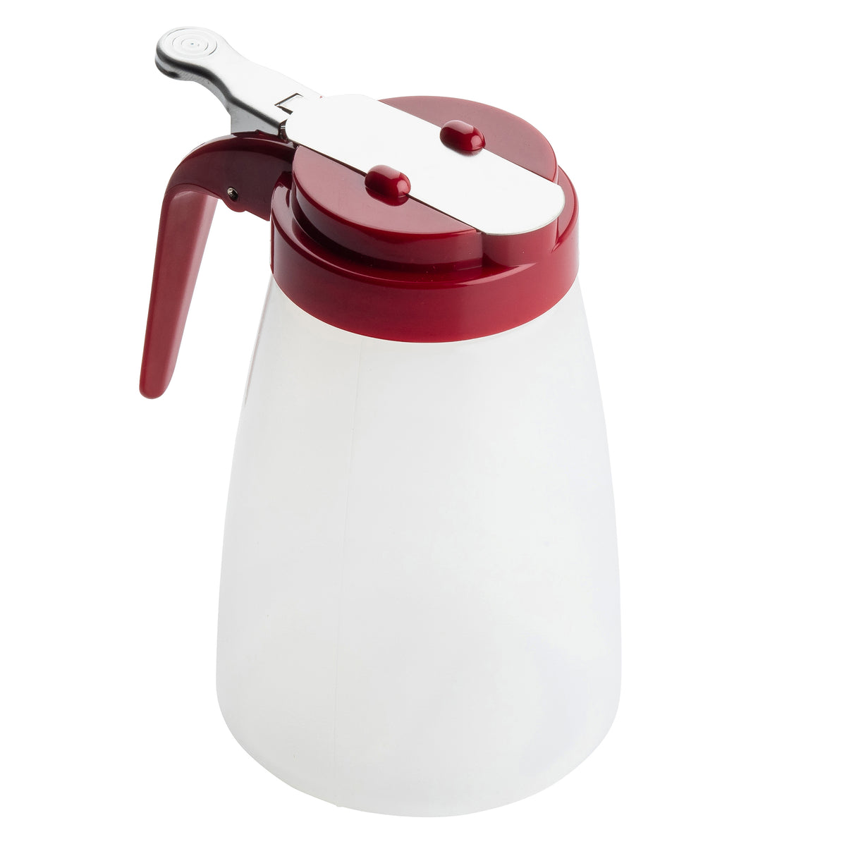 A translucent BPA free plastic syrup dispenser with a red lid and handle, featuring a metal lever for pouring. The empty container is dishwasher safe and photographed on a white background.