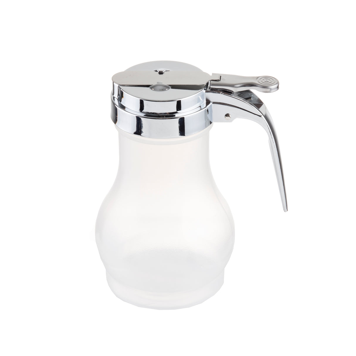 A clear glass syrup dispenser with a shiny metal lid and handle, featuring a lever for easy pouring. The teardrop design adds elegance, and the dispenser is dishwasher safe. Set against a plain white background.