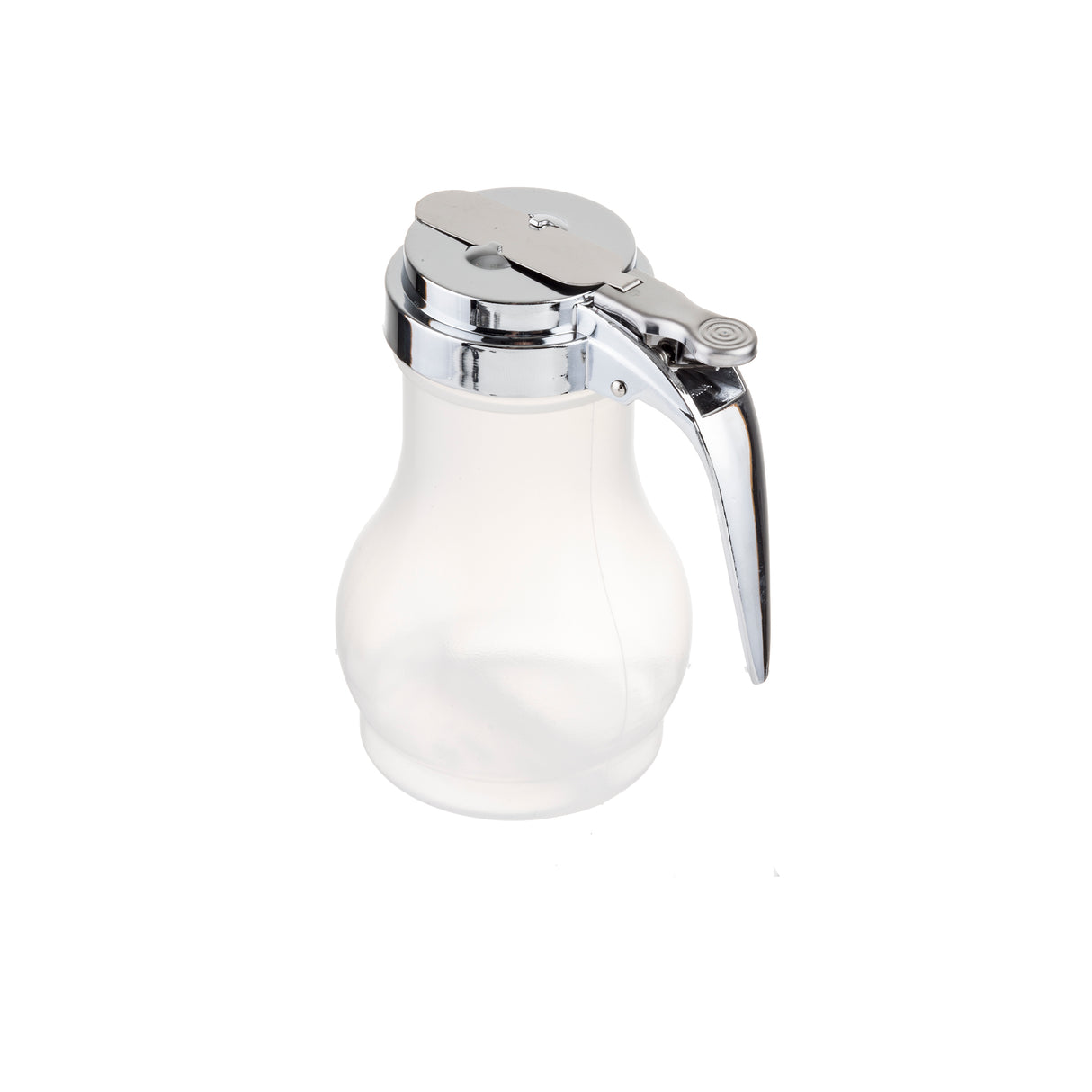 A clear glass syrup dispenser with a teardrop design, chrome-colored metal lid, and a long, curved handle. The lid features a thumb-operated lever for easy pouring. The dispenser is empty and shown against a white background.