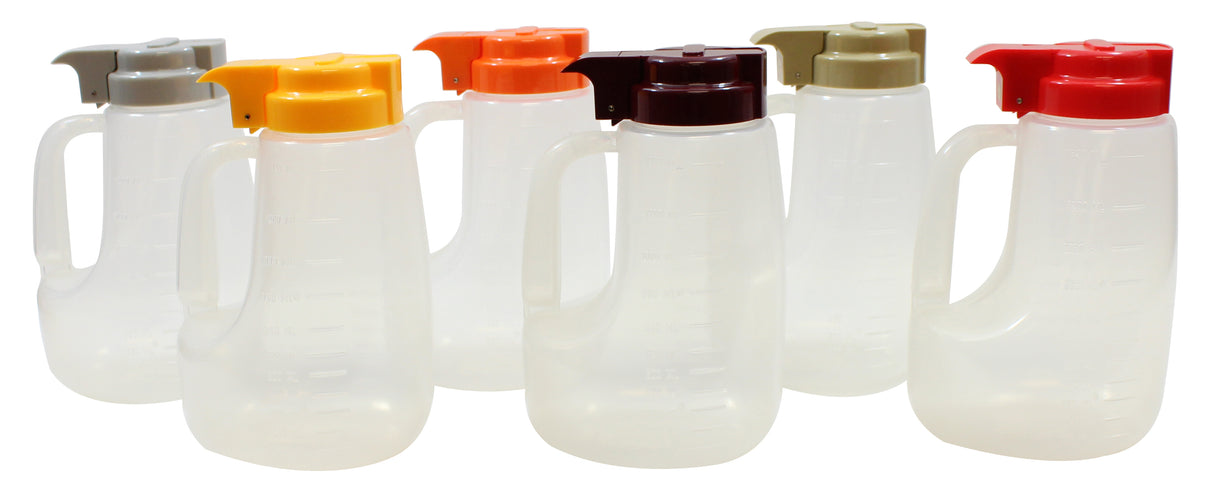 Six clear BPA free plastic pitchers with handles are arranged in two rows. Each 48 oz dispenser has a different colored flip-top lid and measurement markings on the sides, making them perfect for use as an Option Dispenser set.