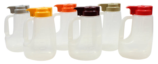 Six clear BPA free plastic pitchers with handles are arranged in two rows. Each 48 oz dispenser has a different colored flip-top lid and measurement markings on the sides, making them perfect for use as an Option Dispenser set.