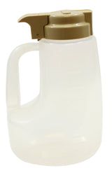 A large, translucent plastic jug with a beige lid and spout. BPA free and dishwasher safe, it features a sturdy, integrated handle and embossed volume measurements. The dispenser spout is designed for easy pouring, and the jug appears empty.