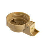 A beige, circular plastic Option Dispenser with an open top, ridged inner walls, and a small flat spout on one side, featuring a round yellow label. BPA free and ideal for precise pouring or food prep. The background is plain white.