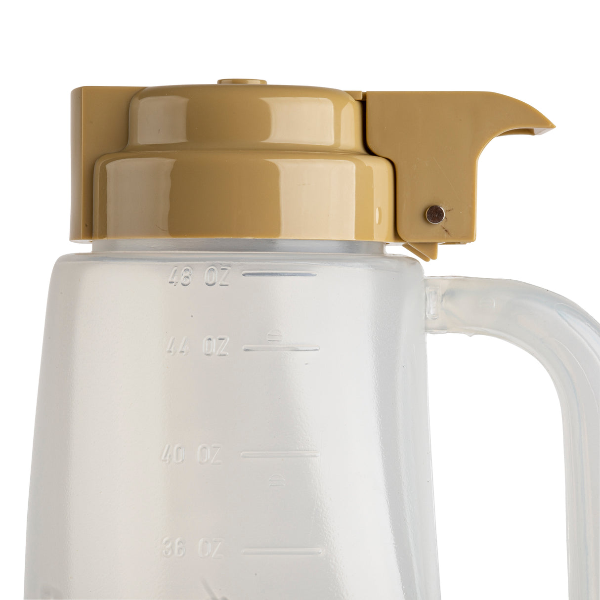 A clear, BPA free plastic pitcher with measurement markings in ounces is shown. It features a beige lid with a thumb-operated spout and right-side handle. The empty pitcher is photographed against a white background and is dishwasher safe for easy cleaning.
