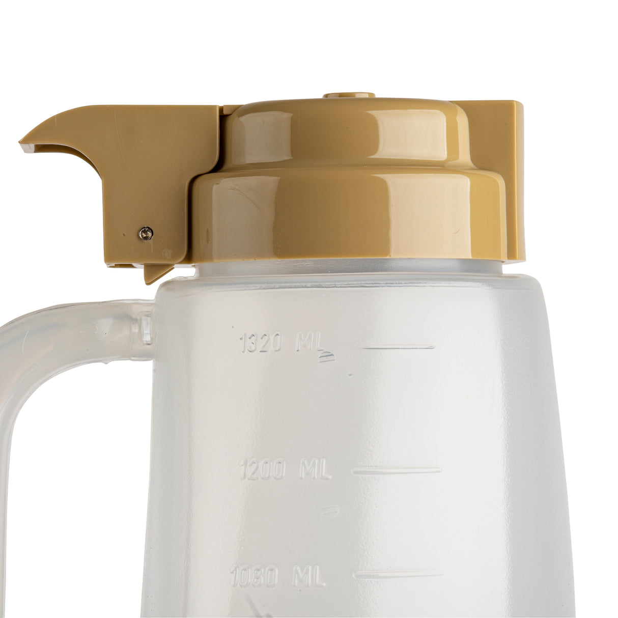 A close-up of a transparent BPA free plastic pitcher with a beige lid and spout. The pitcher has measurement markings in milliliters, including 1320 ml, 1200 ml, and 1050 ml. The background is plain white.
