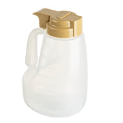 A translucent plastic pitcher with a beige flip-top lid and handle, featuring measurement markings in milliliters. This BPA free dispenser has a spout for pouring, a thumb-operated tab, and is dishwasher safe for easy cleaning. The pitcher is empty and upright.