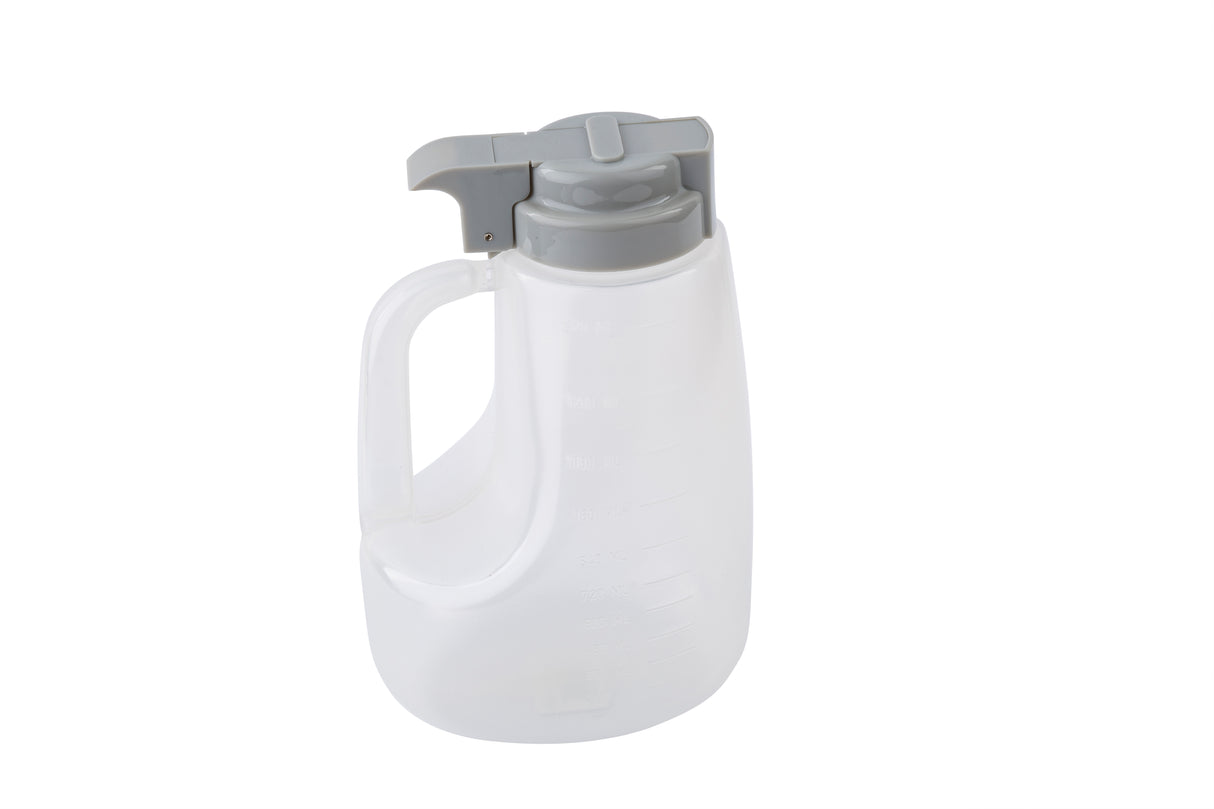A translucent, BPA free plastic pitcher with a large handle and a grey lid featuring a push-button spout. This 48 oz option dispenser is set against a plain white background, with faint measurement markings visible on its side.