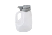 A translucent, BPA free plastic pitcher with a large handle and a grey lid featuring a push-button spout. This 48 oz option dispenser is set against a plain white background, with faint measurement markings visible on its side.