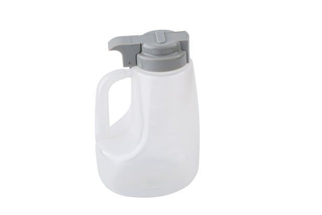 A translucent, BPA free plastic pitcher with a large handle and a grey lid featuring a push-button spout. This 48 oz option dispenser is set against a plain white background, with faint measurement markings visible on its side.