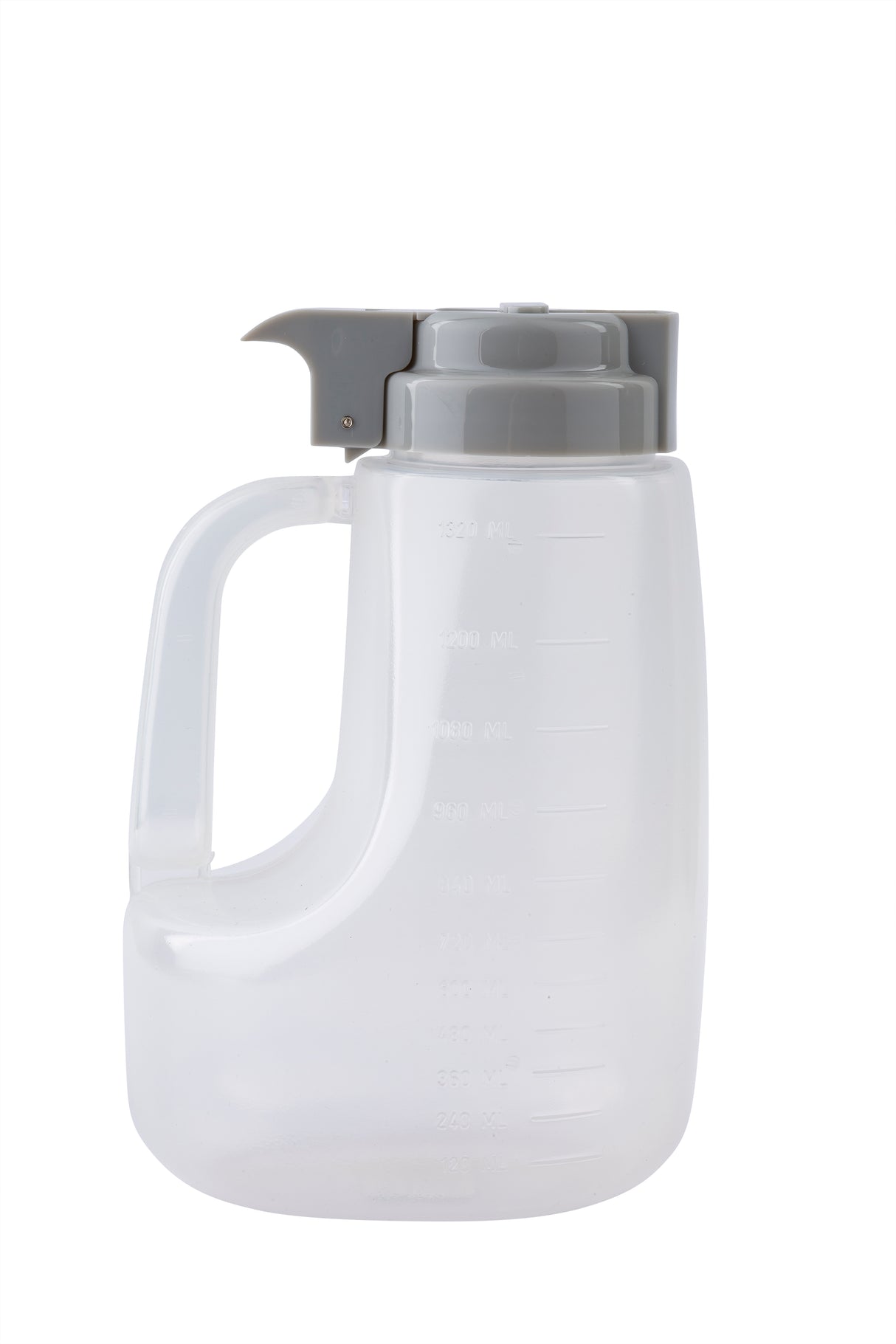 A translucent, BPA free plastic jug with a large handle and gray flip-top lid. Measurement markings in milliliters, ounces, and 48 oz capacity are visible on the side. The Option Dispenser sits against a plain white background.