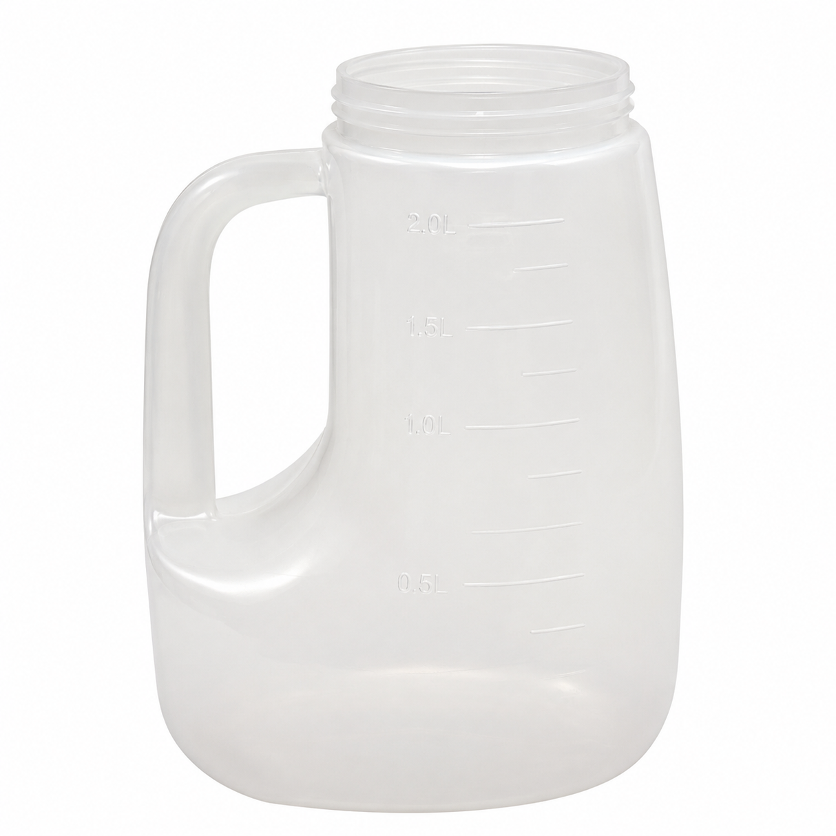 A large, clear TableCraft PP48J measuring jug with an integrated handle and measurement markings from 0.5 to 2.0 liters. This 48 oz polypropylene jar has a wide opening at the top and is empty, set against a plain white background.