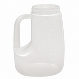 A large, clear TableCraft PP48J measuring jug with an integrated handle and measurement markings from 0.5 to 2.0 liters. This 48 oz polypropylene jar has a wide opening at the top and is empty, set against a plain white background.