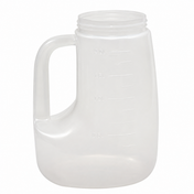 A large, clear TableCraft PP48J measuring jug with an integrated handle and measurement markings from 0.5 to 2.0 liters. This 48 oz polypropylene jar has a wide opening at the top and is empty, set against a plain white background.