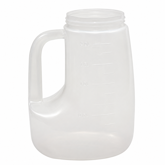 A large, clear TableCraft PP48J measuring jug with an integrated handle and measurement markings from 0.5 to 2.0 liters. This 48 oz polypropylene jar has a wide opening at the top and is empty, set against a plain white background.