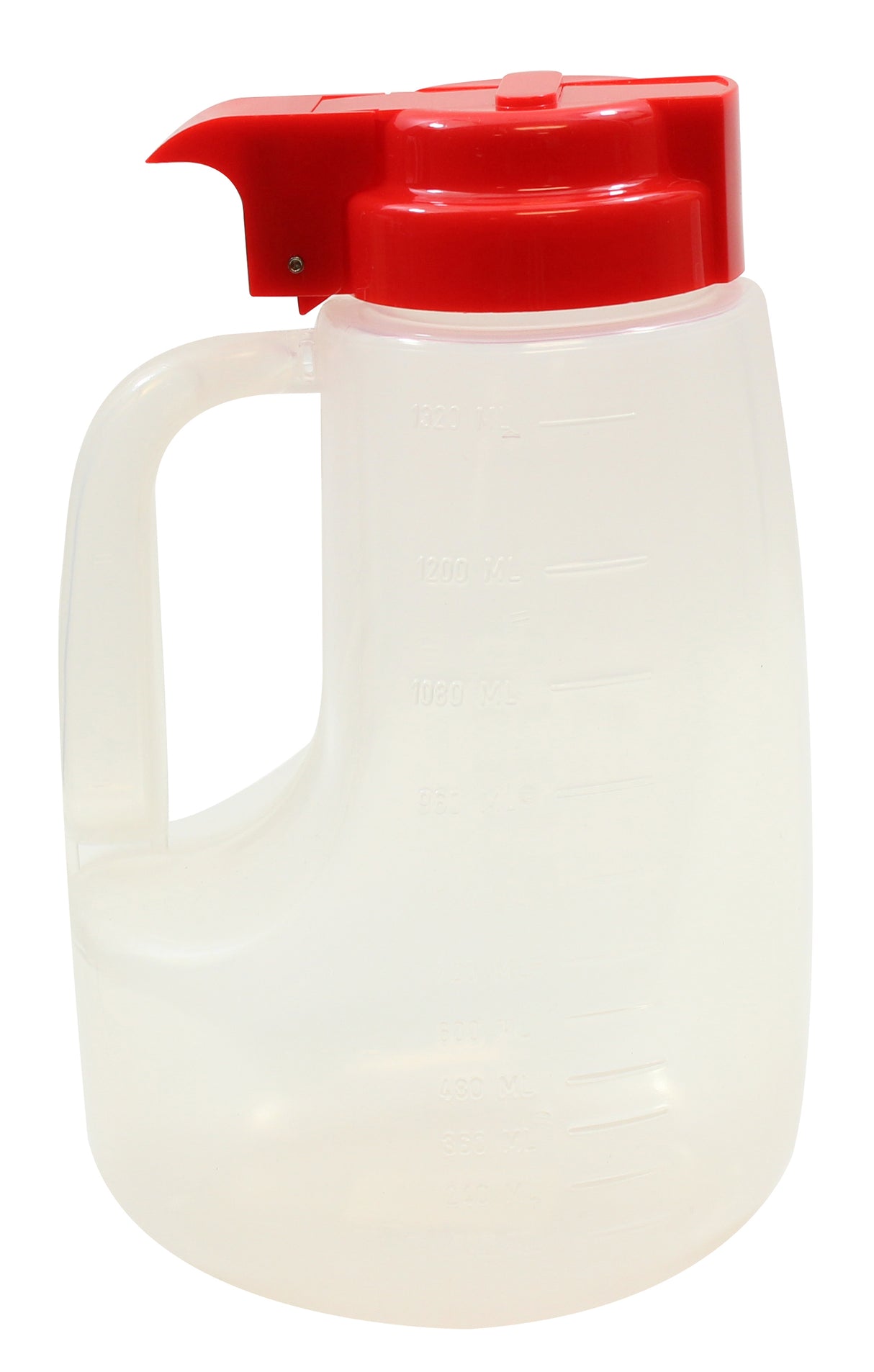 A translucent, BPA free plastic pitcher with a sturdy handle and bright red flip-top lid. The 48 oz pitcher has measurement markings on the side, while the red lid features a spout for easy pouring. The design is functional and utilitarian.
