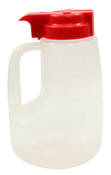 A translucent, BPA free plastic pitcher with a sturdy handle and bright red flip-top lid. The 48 oz pitcher has measurement markings on the side, while the red lid features a spout for easy pouring. The design is functional and utilitarian.