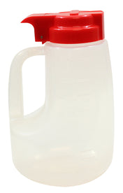 A translucent, BPA free plastic pitcher with a sturdy handle and bright red flip-top lid. The 48 oz pitcher has measurement markings on the side, while the red lid features a spout for easy pouring. The design is functional and utilitarian.