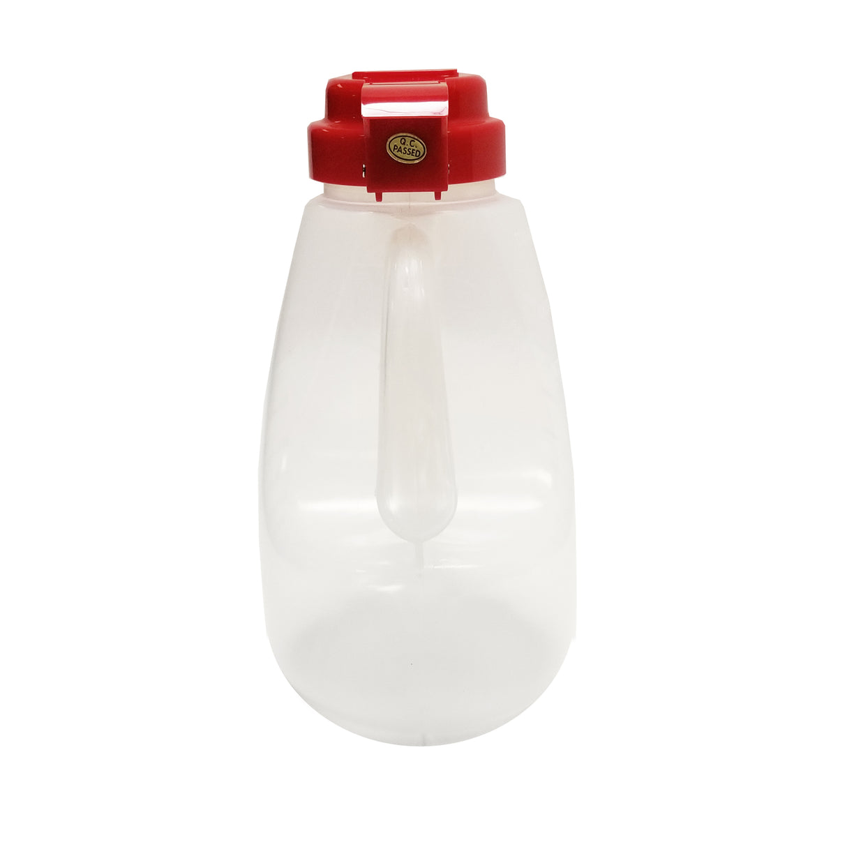 A large, clear, BPA free plastic jug with a built-in handle and a wide red screw-on cap. The cap features a gold and green circular sticker on top. This 48 oz jug appears empty and is photographed against a plain white background.