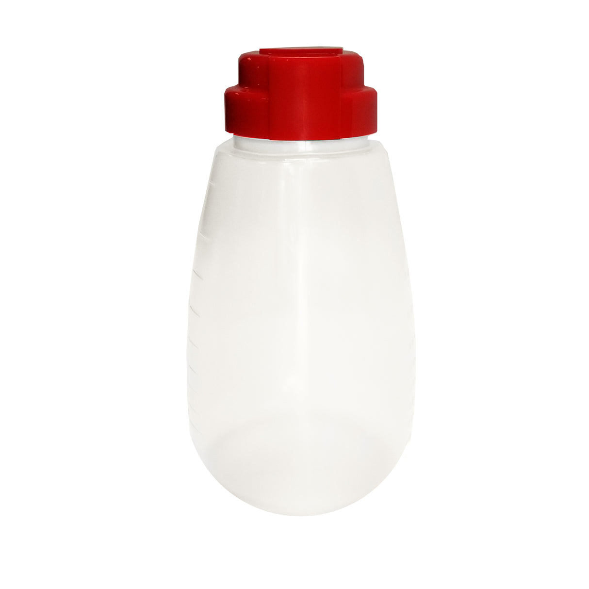 A transparent, BPA free squeeze bottle with a wide base and a red screw-on cap. This 48 oz plastic bottle features subtle measurement marks along its side. The background is plain white.
