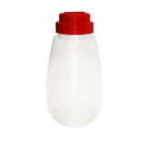 A transparent, BPA free squeeze bottle with a wide base and a red screw-on cap. This 48 oz plastic bottle features subtle measurement marks along its side. The background is plain white.