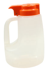 A translucent BPA free plastic pitcher with measurement markings, a handle, and an orange flip-top lid for easy pouring. This 48 oz dispenser stands empty and upright against a plain white background.