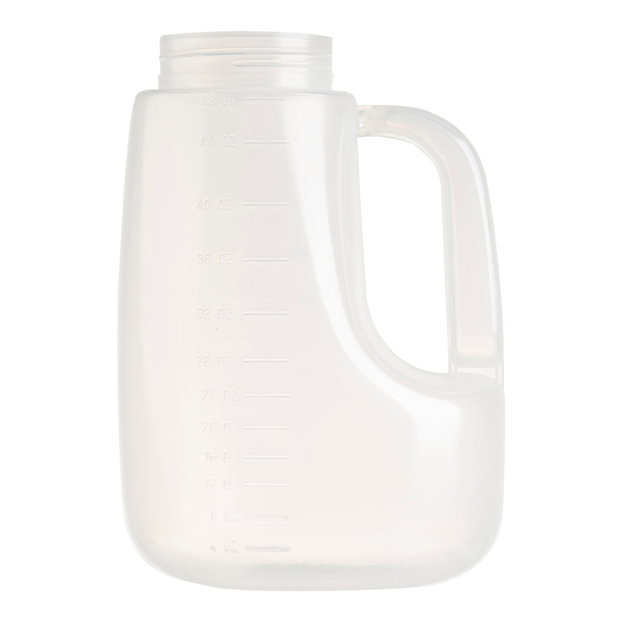 A large, translucent plastic jug made from clarified polypropylene with an integrated handle and measurement markings in ounces. The wide, threaded opening fits a screw-on cap (not pictured). Its simple Option Dispenser design is both functional and dishwasher safe.