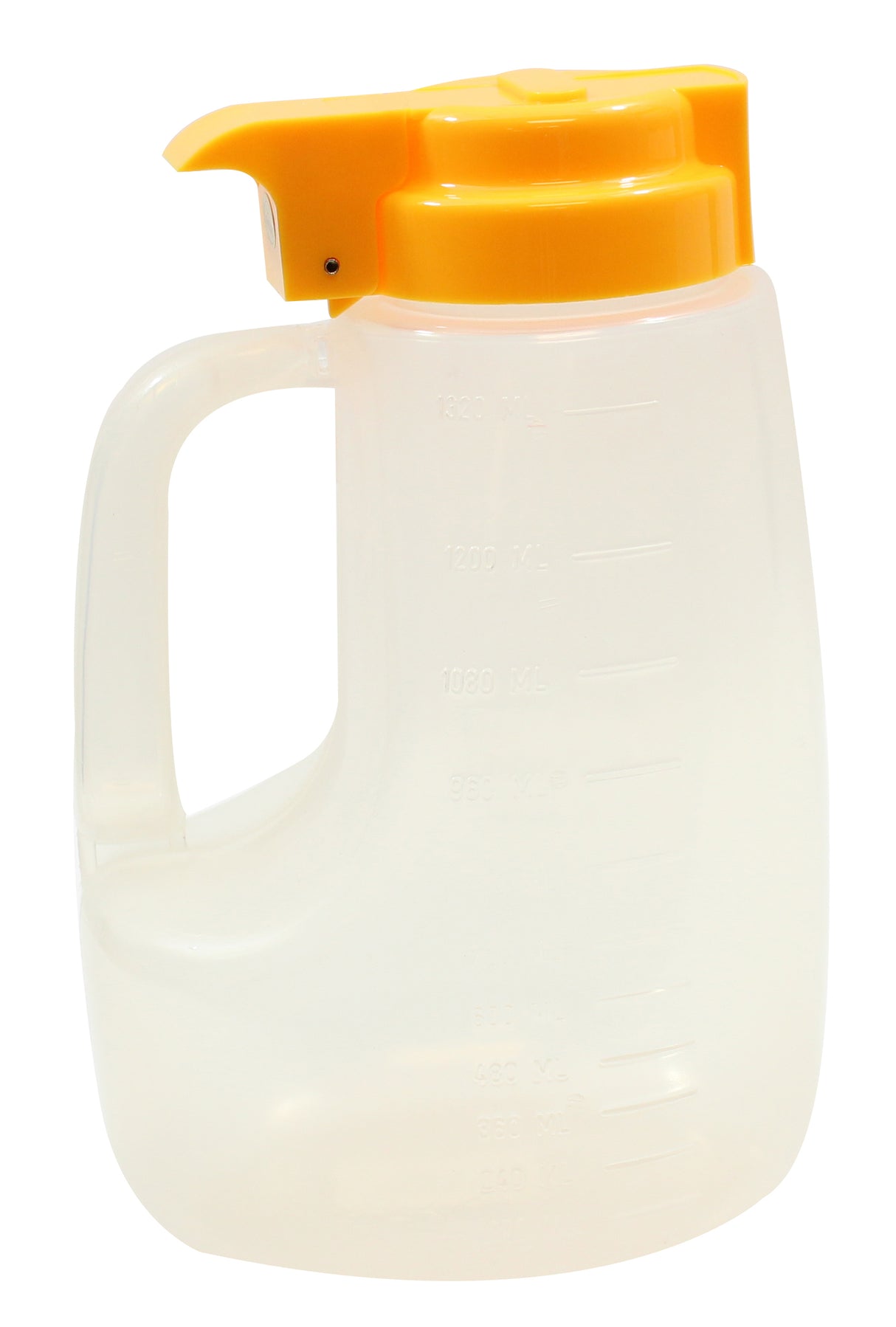 A large, translucent BPA free plastic pitcher with a wide handle and a bright yellow spout lid. Measurement markings indicate milliliter capacity. This 48 oz dispenser features a pour spout, snap-close lid, and is dishwasher safe for easy cleaning.