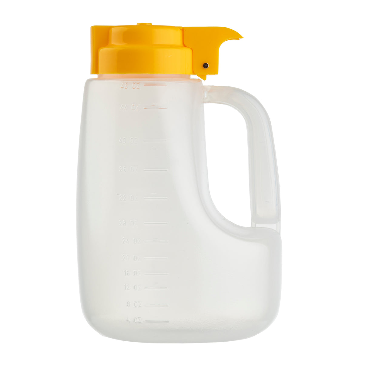 A clear BPA free plastic measuring jug with a side handle and a yellow flip-top spout lid. The 48 oz dispenser features measurement markings on its side and is photographed against a white background.