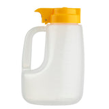 A translucent BPA free plastic 48 oz dispenser with a large handle and a bright yellow flip-top lid. Measurement markings are on the side, and it is empty, set against a plain white background.