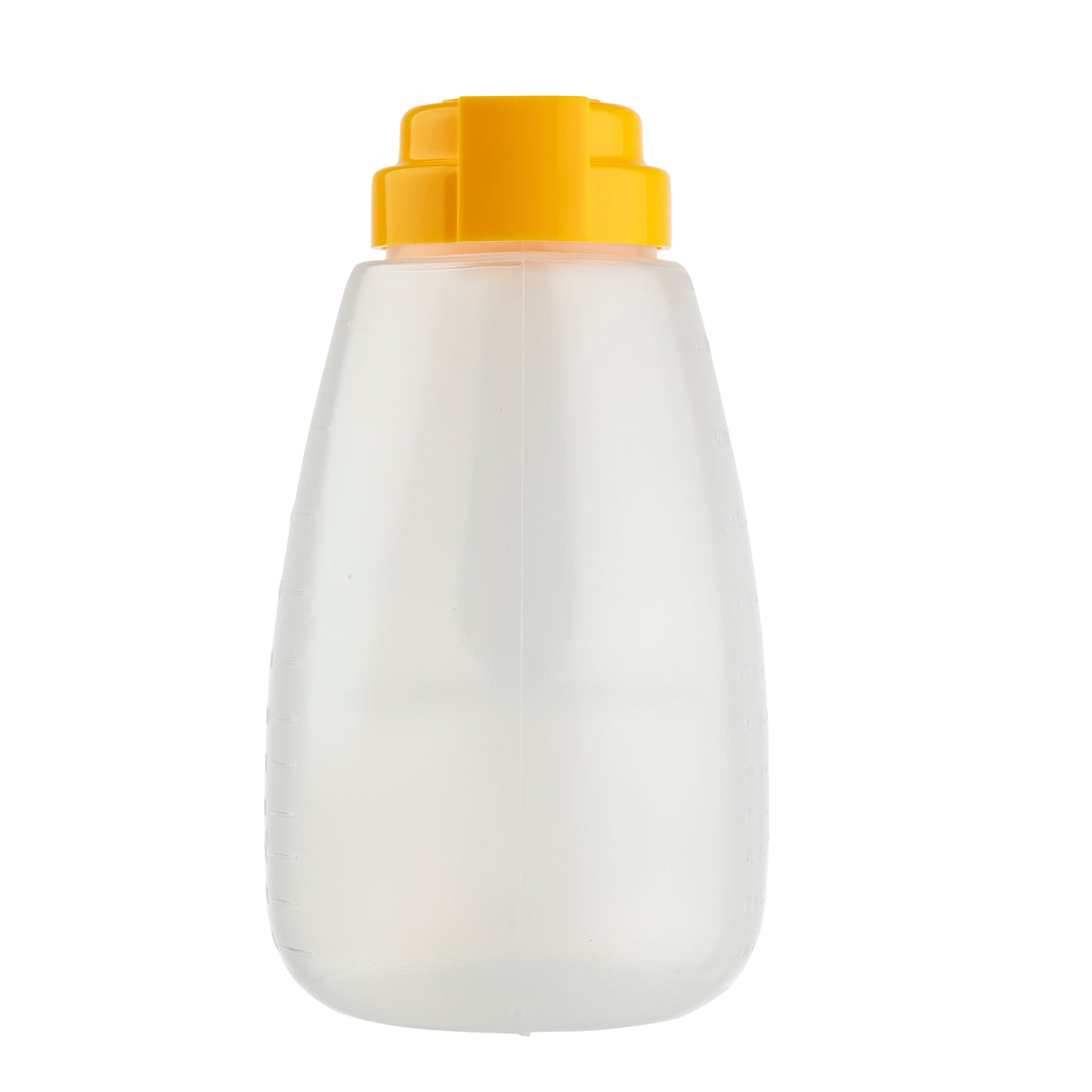 A clear, BPA free plastic squeeze bottle with a bright yellow flip-top cap stands upright against a white background. This 48 oz dispenser features a simple, rounded shape, slight side ridges for grip, and is dishwasher safe for easy cleaning.