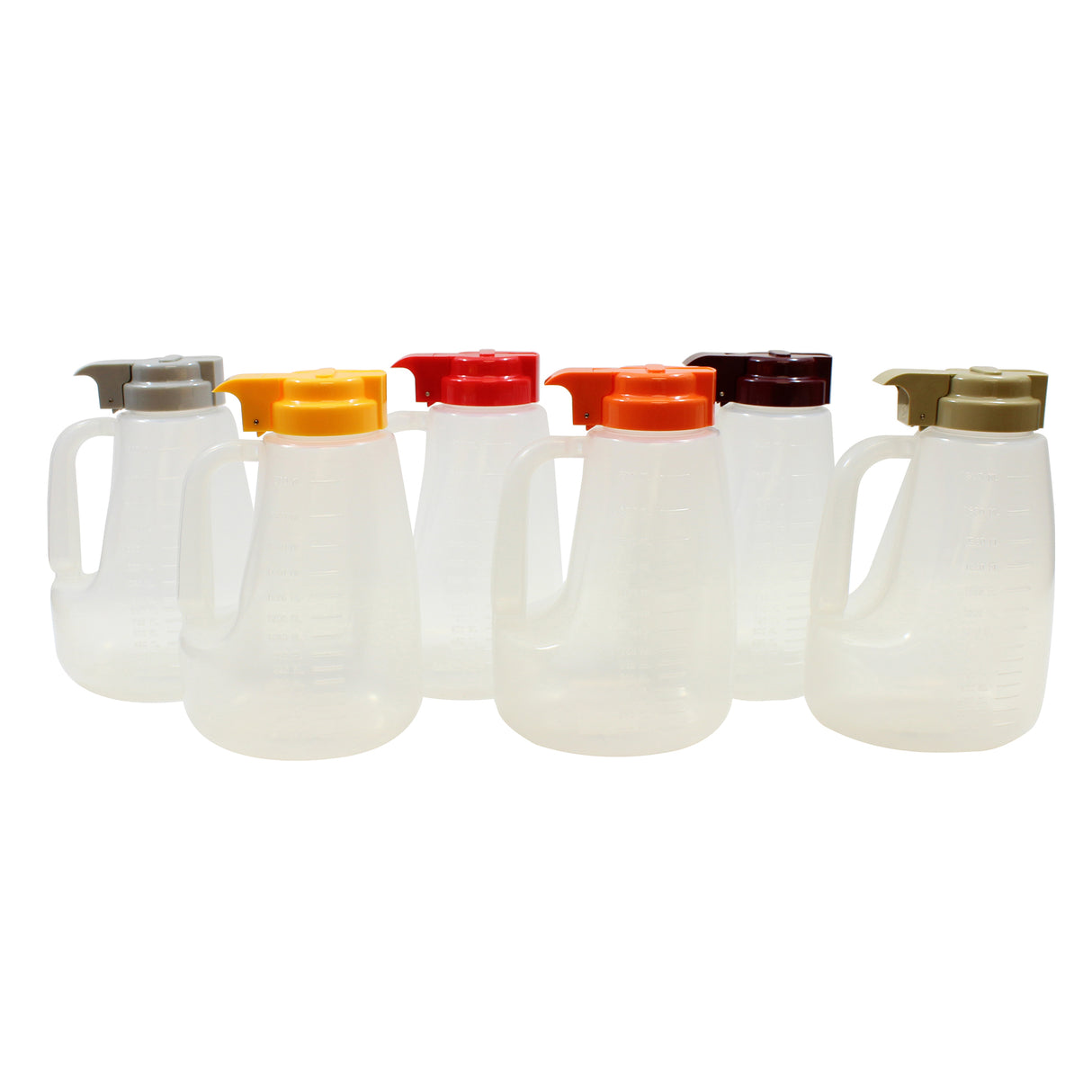 Six translucent, BPA free plastic jugs with handles and different colored lids—yellow, red, orange, brown, beige, and gray—are arranged in two rows on a white background. Each 64 oz jug features measurement markings on its side.