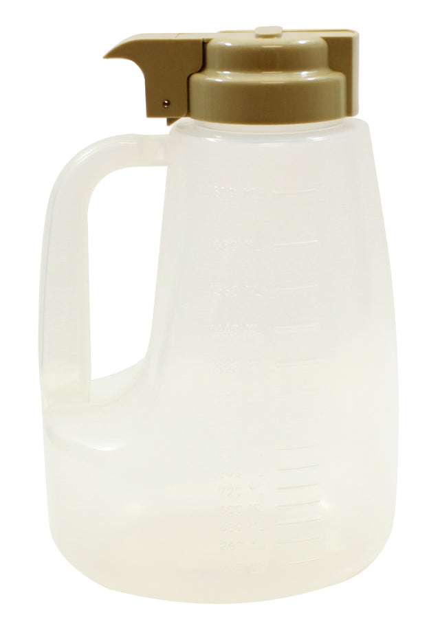 A BPA-free, translucent plastic liquid measuring container with a large handle, marked with measurement lines on the side. This 64 oz option dispenser features a beige snap-on lid and spout, giving it the appearance of a medical or utility jug.