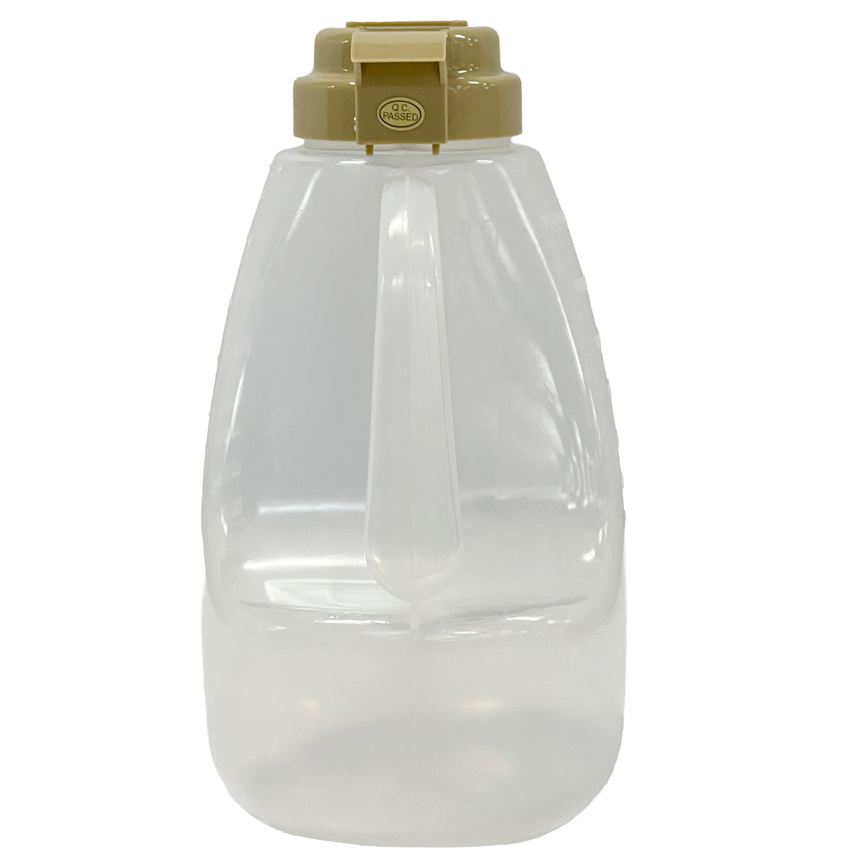 A translucent, BPA free plastic jug with a beige screw-on lid and vertical handle. The wide base tapers toward the top, and the lid features a round push button labeled “OPEN” in the center. Dishwasher safe for easy cleaning.