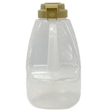 A translucent, BPA free plastic jug with a beige screw-on lid and vertical handle. The wide base tapers toward the top, and the lid features a round push button labeled “OPEN” in the center. Dishwasher safe for easy cleaning.